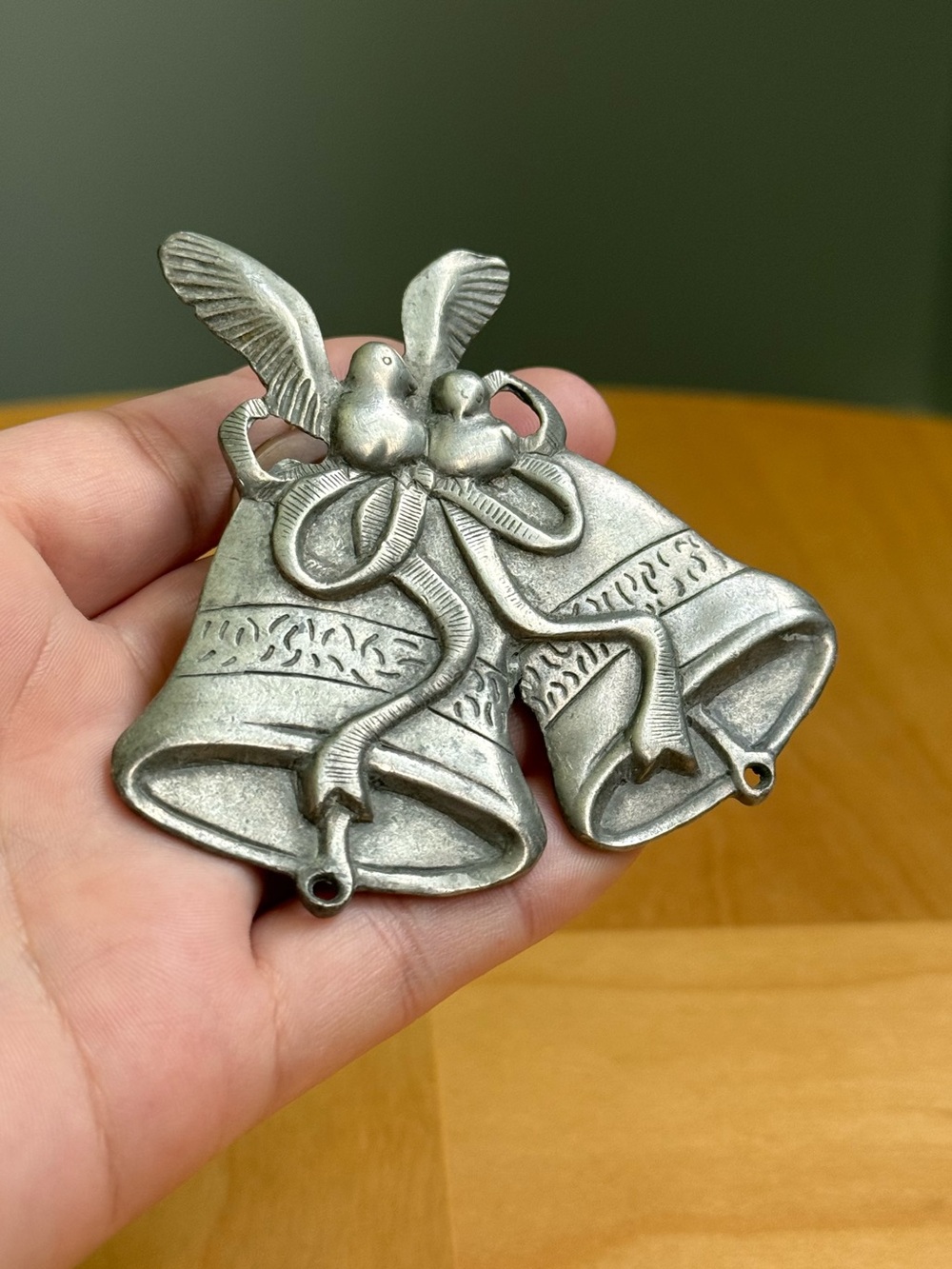 Vintage Pewter Metal Christmas Festive Bird Bells Shaped Window Suction Decal